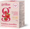 Gefilus Lactic Acid + Vitamin C Raspberry & Strawberry by Gefilus comes in a pink and white box with raspberry and strawberry images. Each pack has 30 chewable tablets with LGG lactic acid bacteria for immune support.