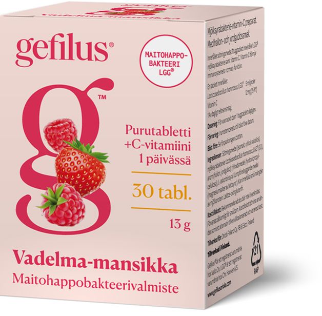Gefilus Lactic Acid + Vitamin C Raspberry & Strawberry by Gefilus comes in a pink and white box with raspberry and strawberry images. Each pack has 30 chewable tablets with LGG lactic acid bacteria for immune support.