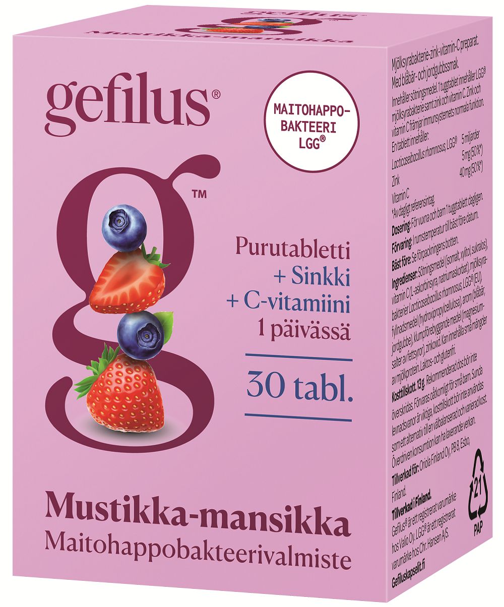 A pink box of Gefilus Lactic Acid + Vitamin C + Zinc chewable tablets by Gefilus, with blueberry and strawberry images, highlights vitamin C, zinc, and LGG probiotic for immune support.