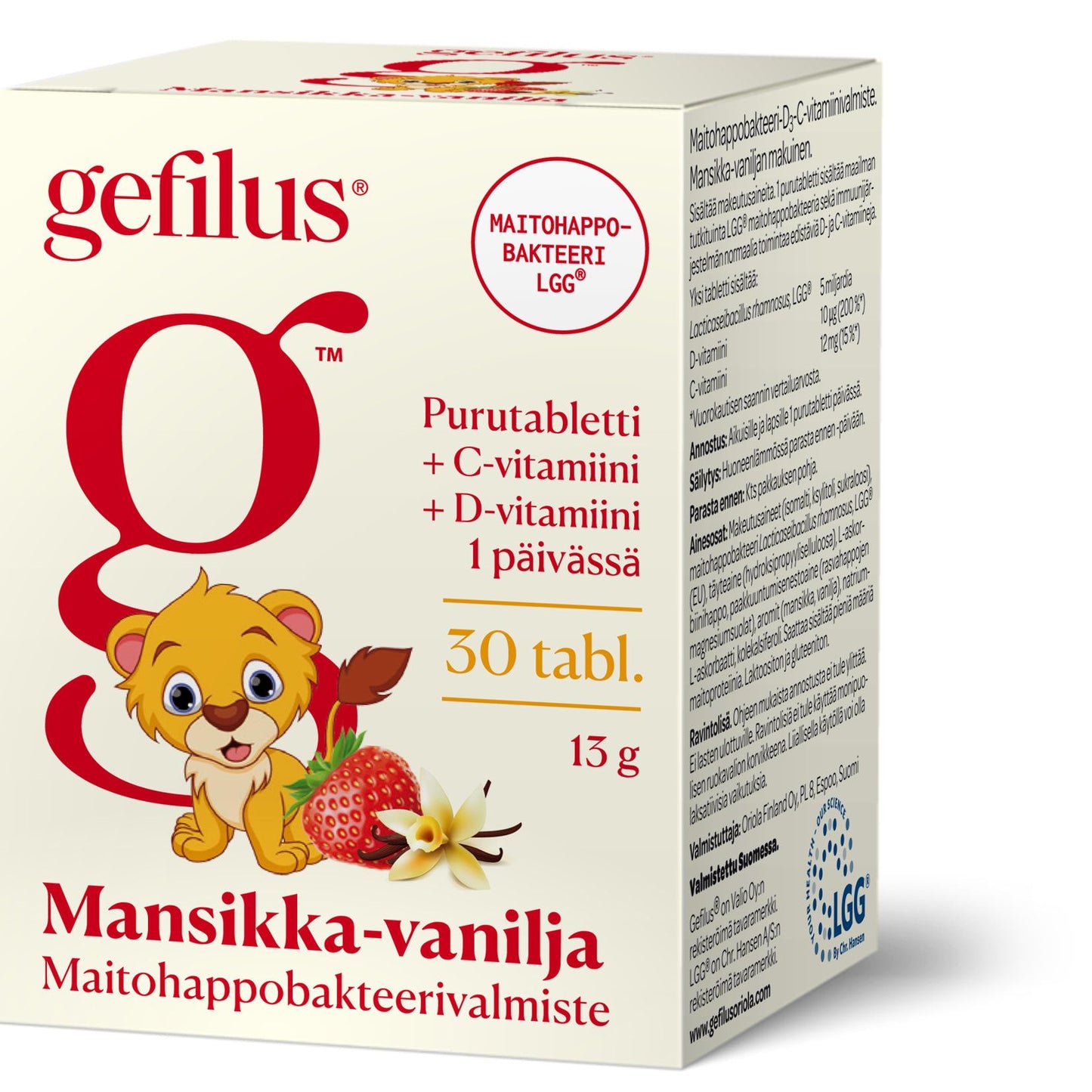 A box of Gefilus Lactic Acid + Vitamin D Strawberry chewable probiotic tablets, featuring a cartoon lion, strawberry, and vanilla flower. Contains 30 tablets with added vitamins C and D for immune support. Brand: Gefilus.