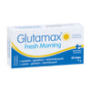 A box of Hankintatukku Glutamax Fresh Morning contains 20 L-cysteine capsules (9g) in white and blue packaging with yellow accents, a smiling sun, and Finnish text. This glutathione supplement helps support recovery after alcohol use.
