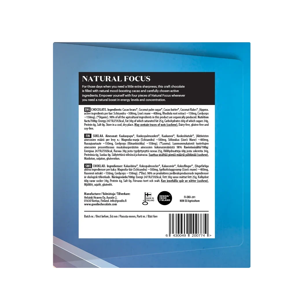 The back of a blue pouch of Natural Focus Gluten-Free Protein Powder, showing the product ingredients, nutritional facts, and barcode on a white background.