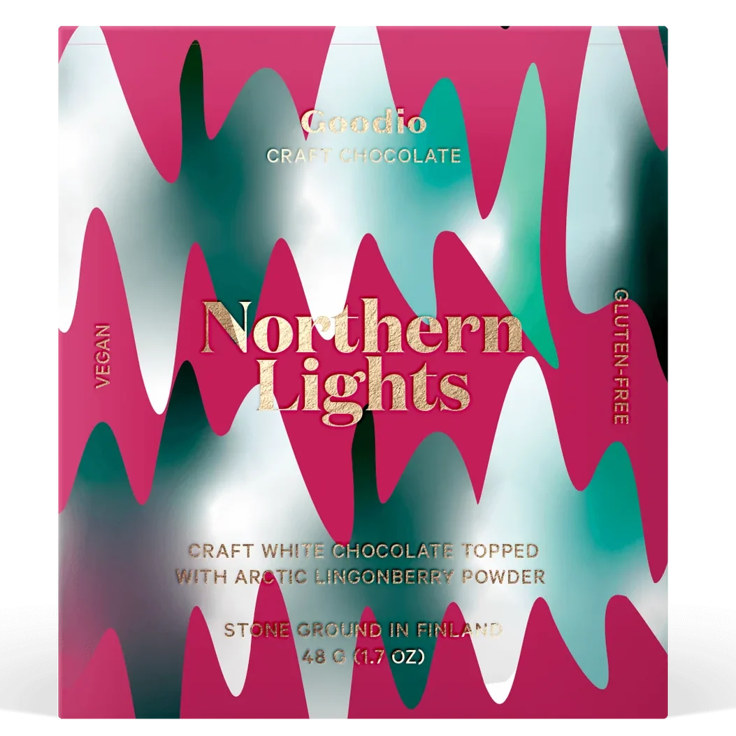 A square package of Northern Lights craft chocolate by Coodio, featuring a bold abstract design with wavy magenta, teal, and white shapes and gold text.