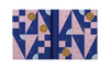 An open gift advent calendar with 24 numbered compartments in a geometric pattern of navy blue, dusty pink, and light blue, accented with gold numbers and circular seals.