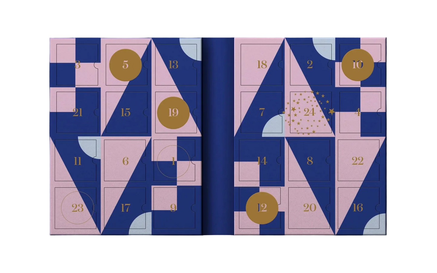 An open gift advent calendar with 24 numbered compartments in a geometric pattern of navy blue, dusty pink, and light blue, accented with gold numbers and circular seals.