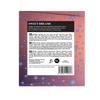 Back packaging of Sweet Dreams matcha green tea powder, featuring a black information panel with ingredients and barcodes over a pink background decorated with blue stars.