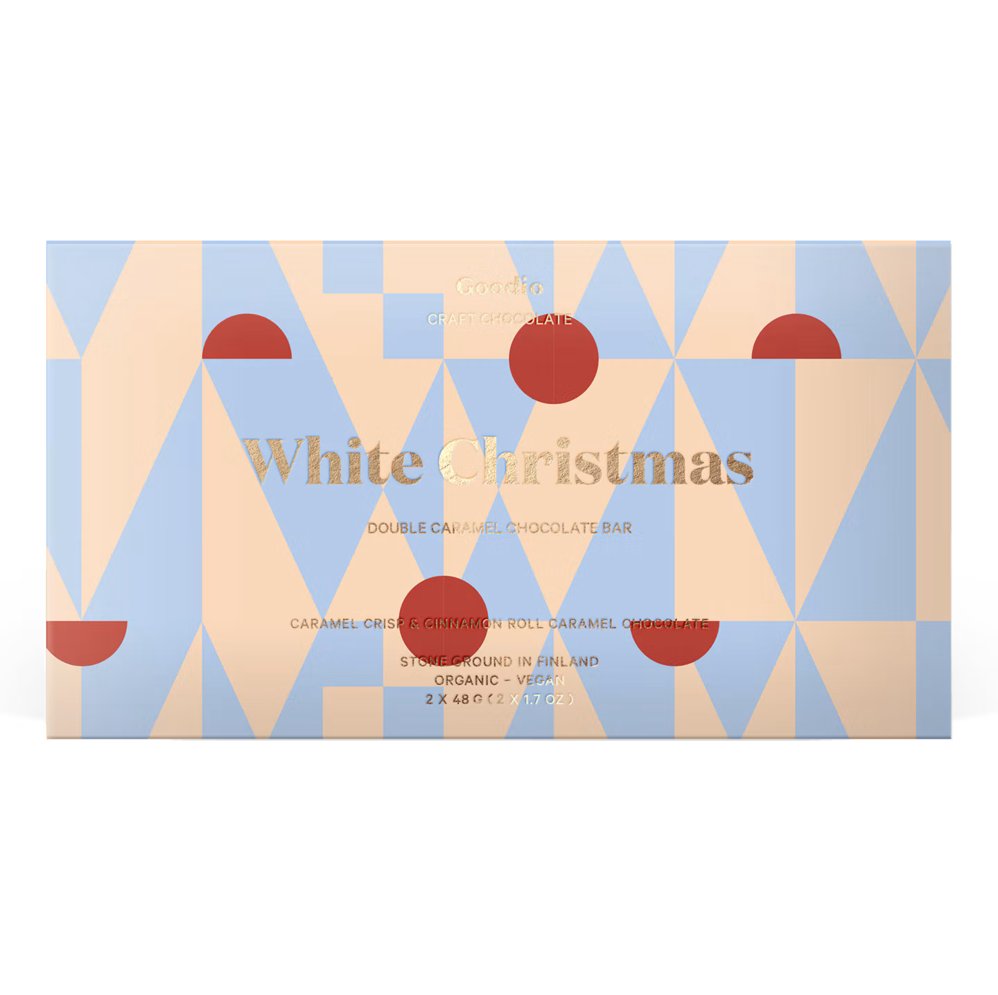 A boxed double caramel chocolate bar labeled 'White Christmas' with a geometric pattern in pale blue, peach, and muted red on a white background.