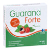 A Hankintatukku Guarana Forte box (40 tablets, 25g) features guarana fruit images, Finnish text, and a vegan symbol. It’s a vegan food supplement with guarana seed extract. A red circle says, “Piristää ja virkistää.”.