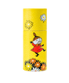 The Gustaf & Linnea Moomin Lipbalm Little My comes in a yellow cylindrical container featuring cartoon flowers and Little My jumping joyfully—ideal for storing your favorite eco-friendly lip balm.