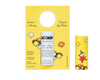 A cheerful yellow, flower-themed packaging for Gustaf & Linnea Moomin Lipbalm Little My, with a white tube featuring the Moomin character. This eco-friendly balm uses ethical beeswax and is handmade for deep moisture.