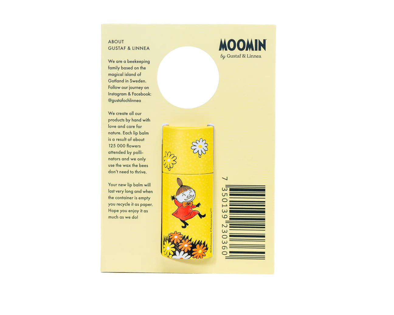 The Gustaf & Linnea Moomin Lipbalm Little My features Little My dancing on a yellow tube, eco-friendly packaging with a hang hole, and comes attached to a cream card with product details and barcode.