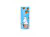 The Gustaf & Linnea Moomin Lipbalm Moominmamma comes in a blue cylindrical container featuring orange flowers and Moominmamma on a polka-dot background, and is an eco-friendly, handmade Swedish lip balm.