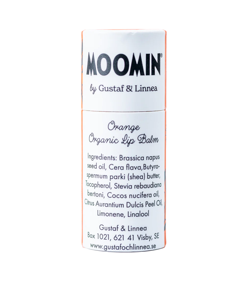 A white tube of eco-friendly Gustaf & Linnea Moomin Lipbalm Snork Maiden features natural ingredients and contact details, with minimalist black and orange text on the packaging.
