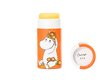 A Gustaf & Linnea Moomin Lipbalm Snork Maiden tube with a Moomin character and flowers stands by its cap labeled Orange 8.5g. The yellow, natural-ingredient balm is partially twisted up against a white background.