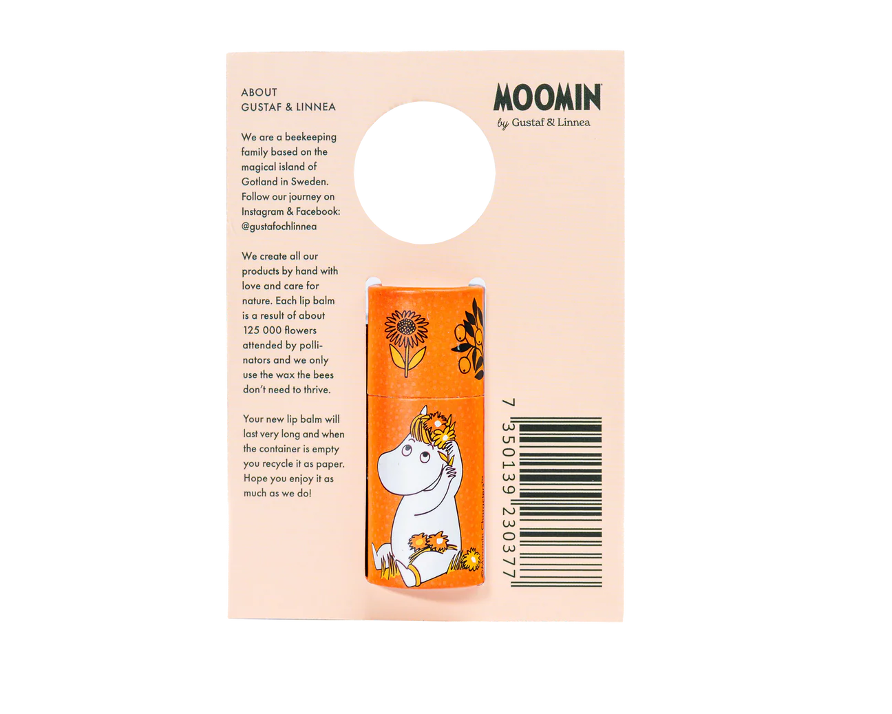 The Gustaf & Linnea Moomin Lipbalm Snork Maiden features an orange tube with a white Moomin character and floral design, attached to a beige backing card with brand info and a circular cut-out at the top.