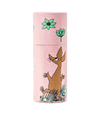 The Gustaf & Linnea Moomin Lipbalm Sniff is an eco-friendly pink cylindrical lip balm featuring cartoon artwork of Sniff, a brown animal, among green flowers and grass.