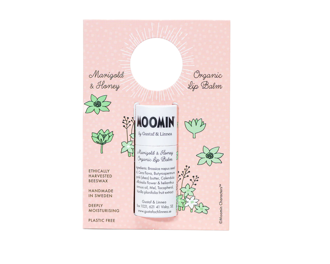 A tube of Gustaf & Linnea Moomin Lipbalm Sniff is shown on a pink card with flower designs and info, highlighting ethically harvested beeswax, handmade in Sweden, and plastic-free packaging.
