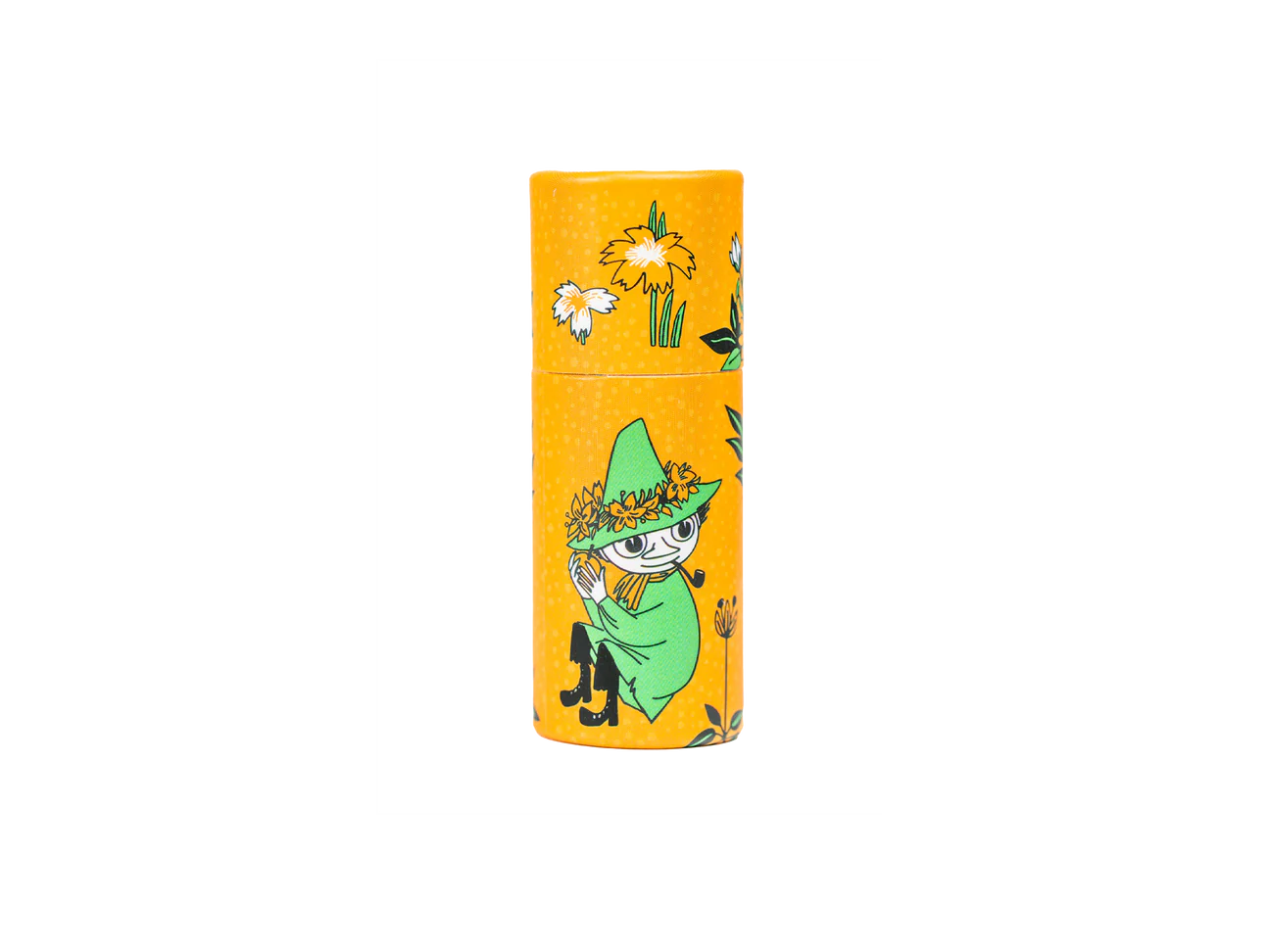 Store your Gustaf & Linnea Moomin Lipbalm Snufkin in this bright orange cylinder featuring white and yellow flowers and Snufkin, the beloved character in a green hat and cloak, sitting and holding a flower. Perfect for eco-friendly lip balm storage!.
