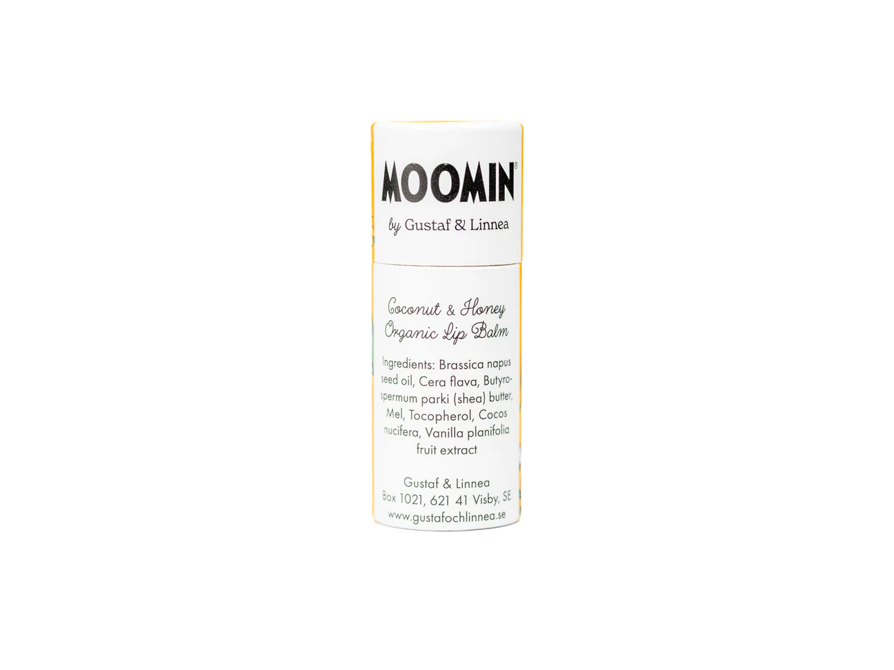A Gustaf & Linnea Moomin Lipbalm Snufkin tube with black text on a white label listing ingredients and branding, made with natural beeswax, is shown against a plain light background.
