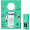 A green package and tube of Gustaf & Linnea Moomin Lipbalm Stinky features trees, flowers, and a Moomin character. Swedish-made and ethically sourced, it highlights natural ingredients like organic mint and beeswax.