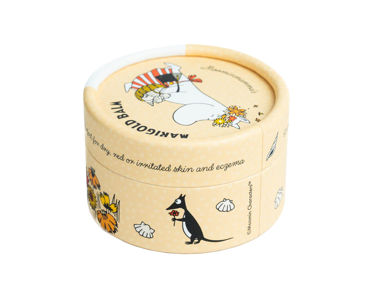 A round, yellow eco-friendly tin of Gustaf & Linnea Moominmammas Marigold Balm features whimsical animal illustrations, including a white creature on the lid and a black creature with a flower, plus shells and floral accents.