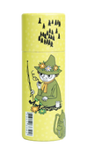 Gustaf & Linnea Snufkins Solid Foot Lotion comes in a yellow bottle with eco-friendly packaging, featuring a character in green fishing among flowers and trees with a green backpack—perfect for soothing dry heels.