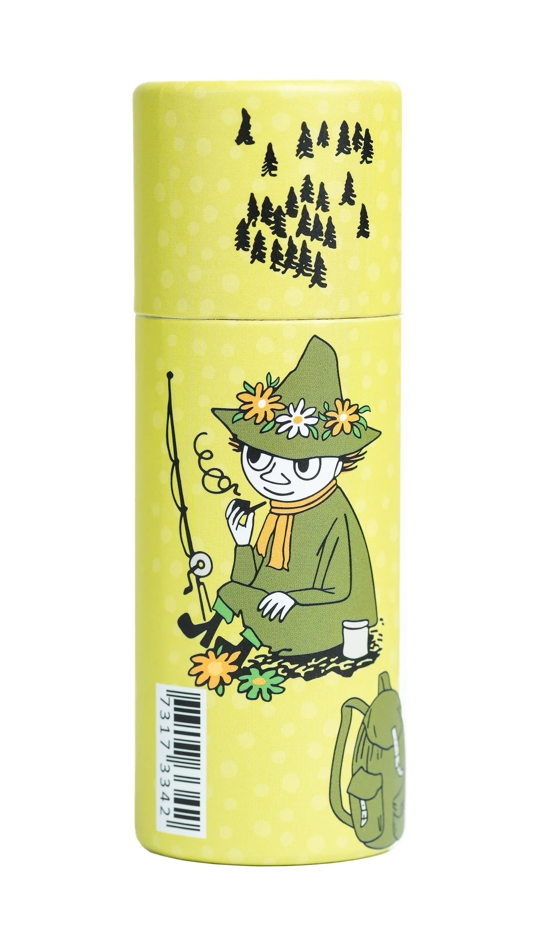 Gustaf & Linnea Snufkins Solid Foot Lotion comes in a yellow bottle with eco-friendly packaging, featuring a character in green fishing among flowers and trees with a green backpack—perfect for soothing dry heels.