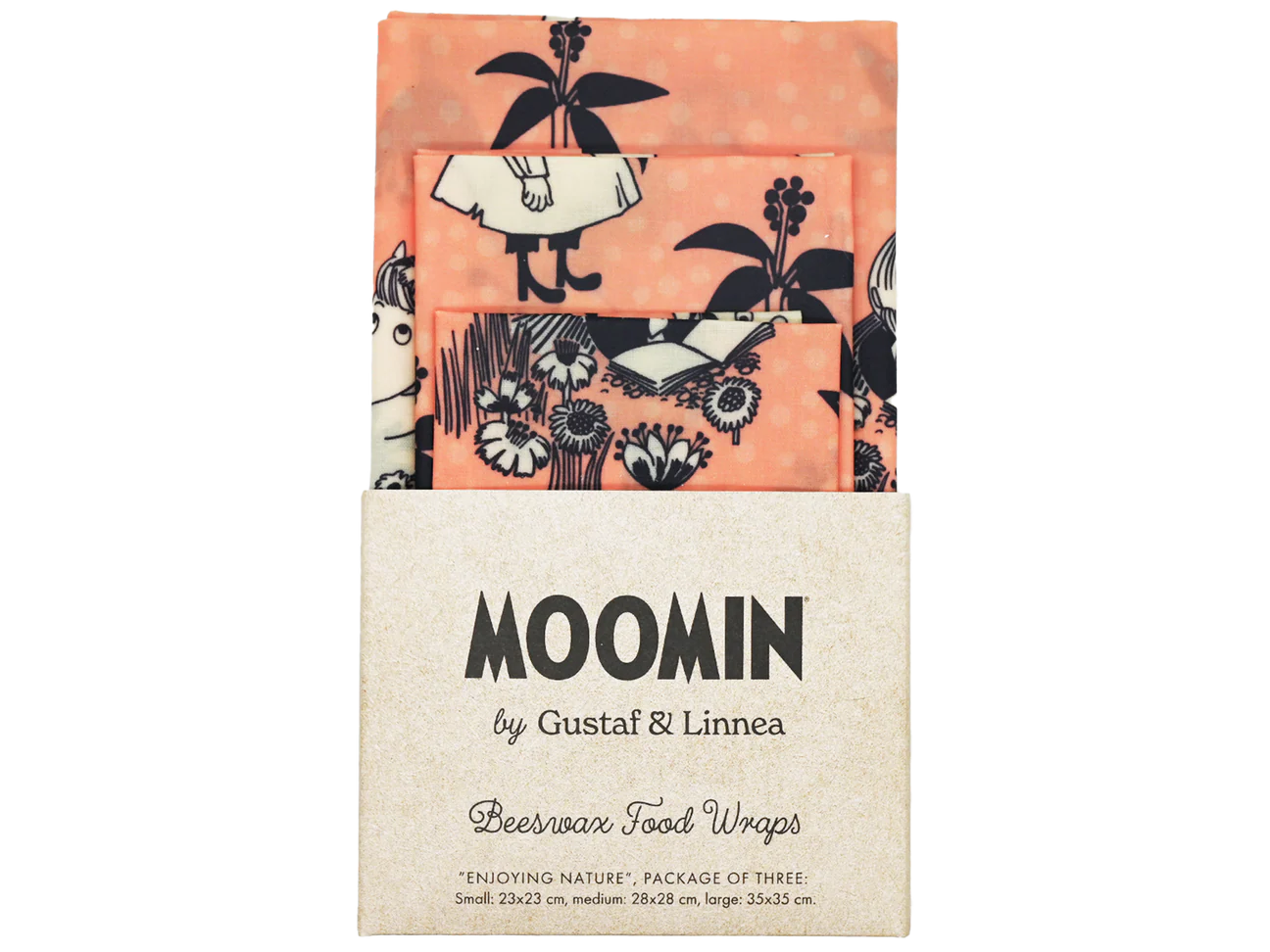 The Gustaf & Linnea Moomin Beeswax Food Wrap is a set of three peach-colored, reusable wraps with black Moomin and flower illustrations, packaged in a cardboard sleeve labeled MOOMIN by Gustaf & Linnea.