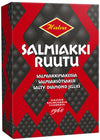 A red and black box of Halva Salty Diamond Jellies by Halva, with salty liquorice diamond-shaped candies and multilingual text in Finnish, Swedish, and English.