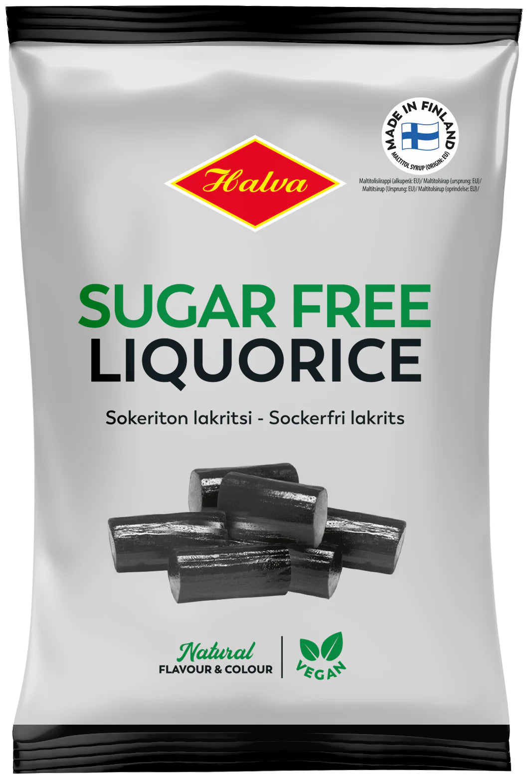 A pack of Halva Sugar-Free Licorice by Halva displays bold Sugar-Free Licorice text, black licorice pieces, vegan and natural labels, plus a Made in Finland badge in the corner.