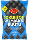 A blue and black pack of Halva Sugar-Free Salty Licorice features yellow and white text, a red logo, and info in Finnish and English. The product’s brand is Halva.
