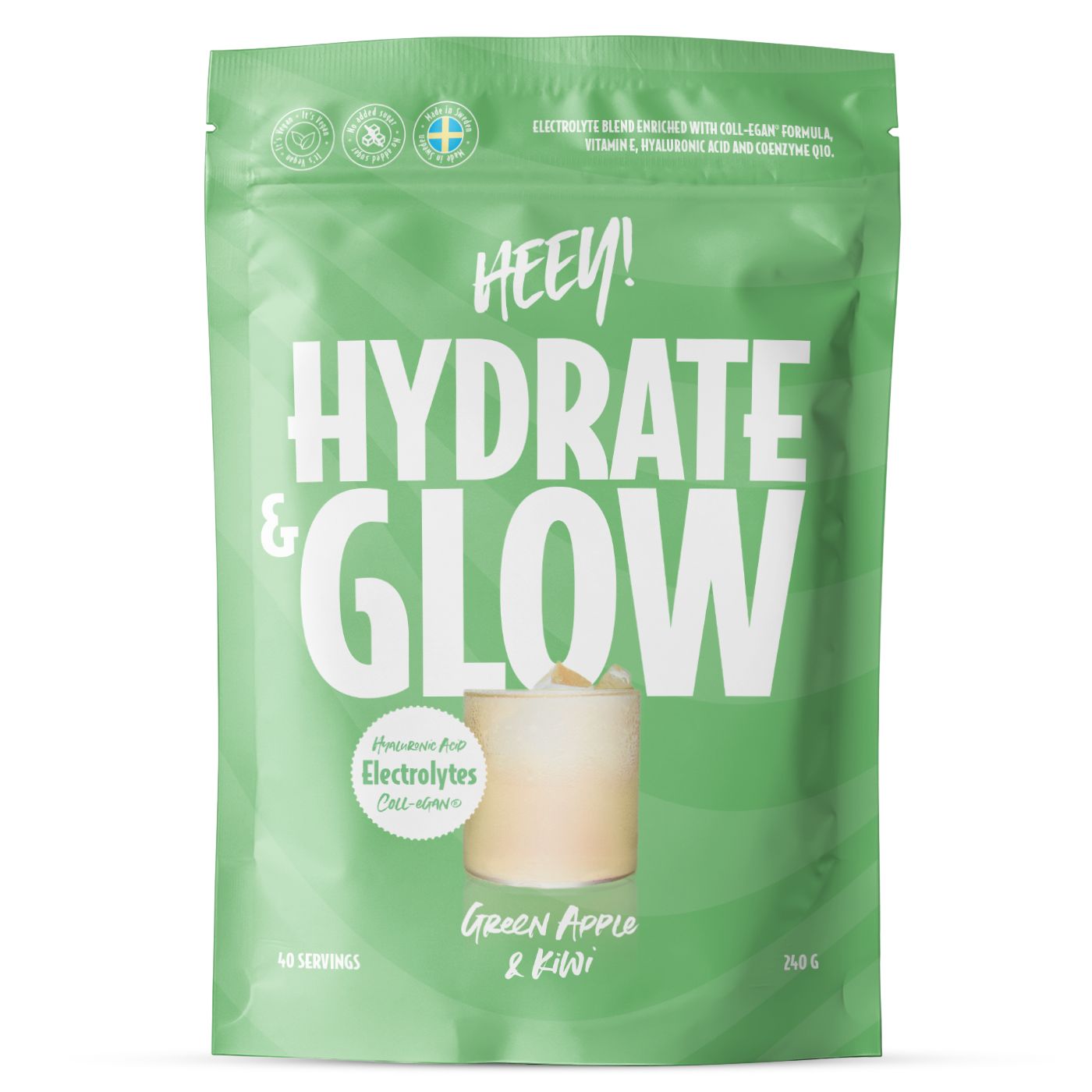 A green stand-up pouch of HEEN! Hydrate & Glow electrolyte drink mix in Green Apple & Kiwi flavor, shown on a plain white background.