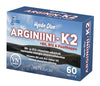 A blue box of Via Naturale Arginine & Vitamin K2 dietary supplement with 60 tablets, featuring arginine plus vitamins B6, B12, folic acid, and K2 for homocysteine support; packaging in Finnish and Swedish.