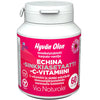 A white plastic bottle labeled in Finnish with pink accents, showing "Via Naturale Echinacea & Zinc Acetate & Vitamin C," features cranberry-vanilla flavor, a daisy flower graphic, and contains 60 tablets.