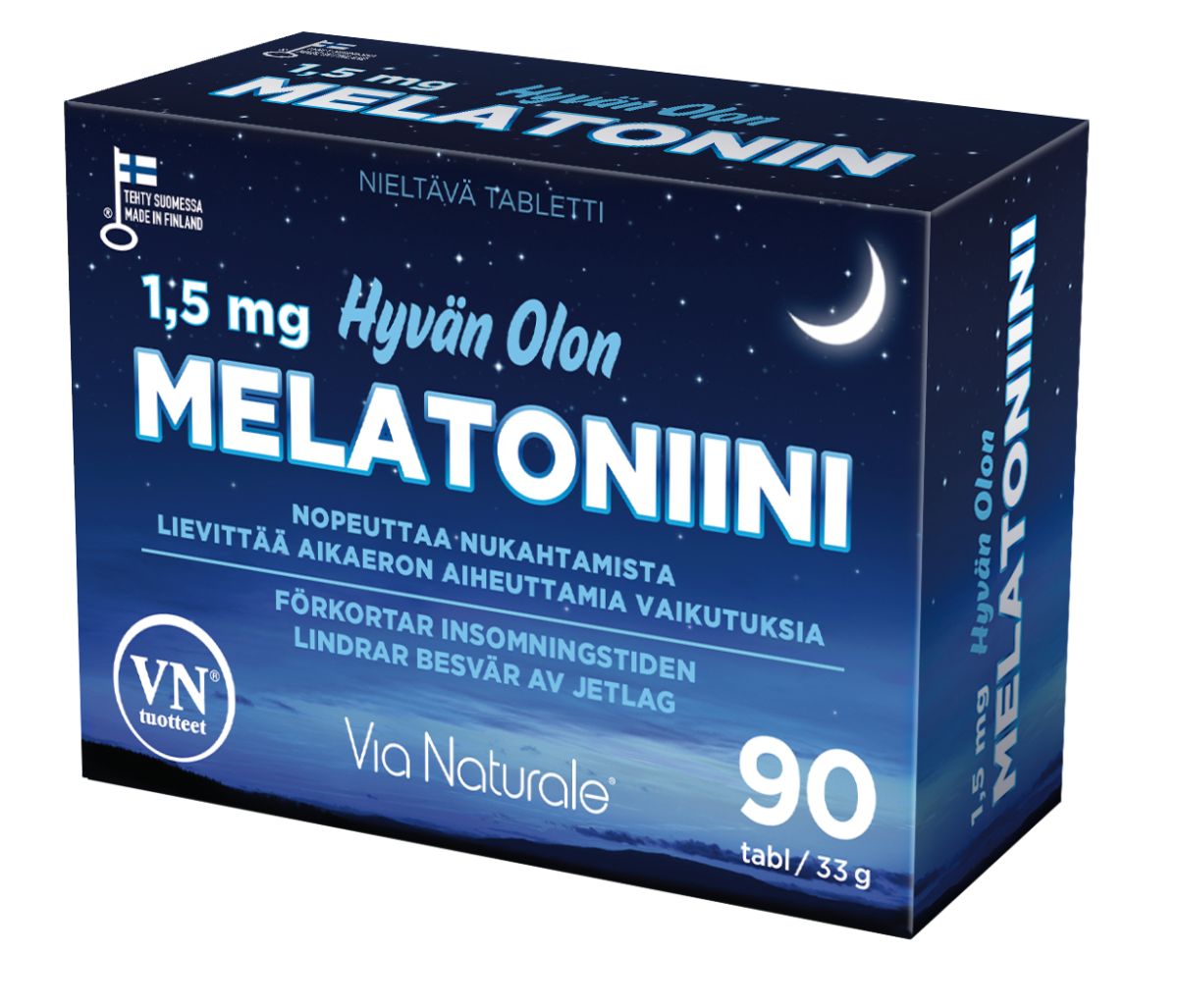 A blue box of Via Naturale Melatonin 1,5 mg features a crescent moon, stars, and night sky design. The packaging highlights its sleep aid benefits and contains 90 tablets from the Via Naturale brand.