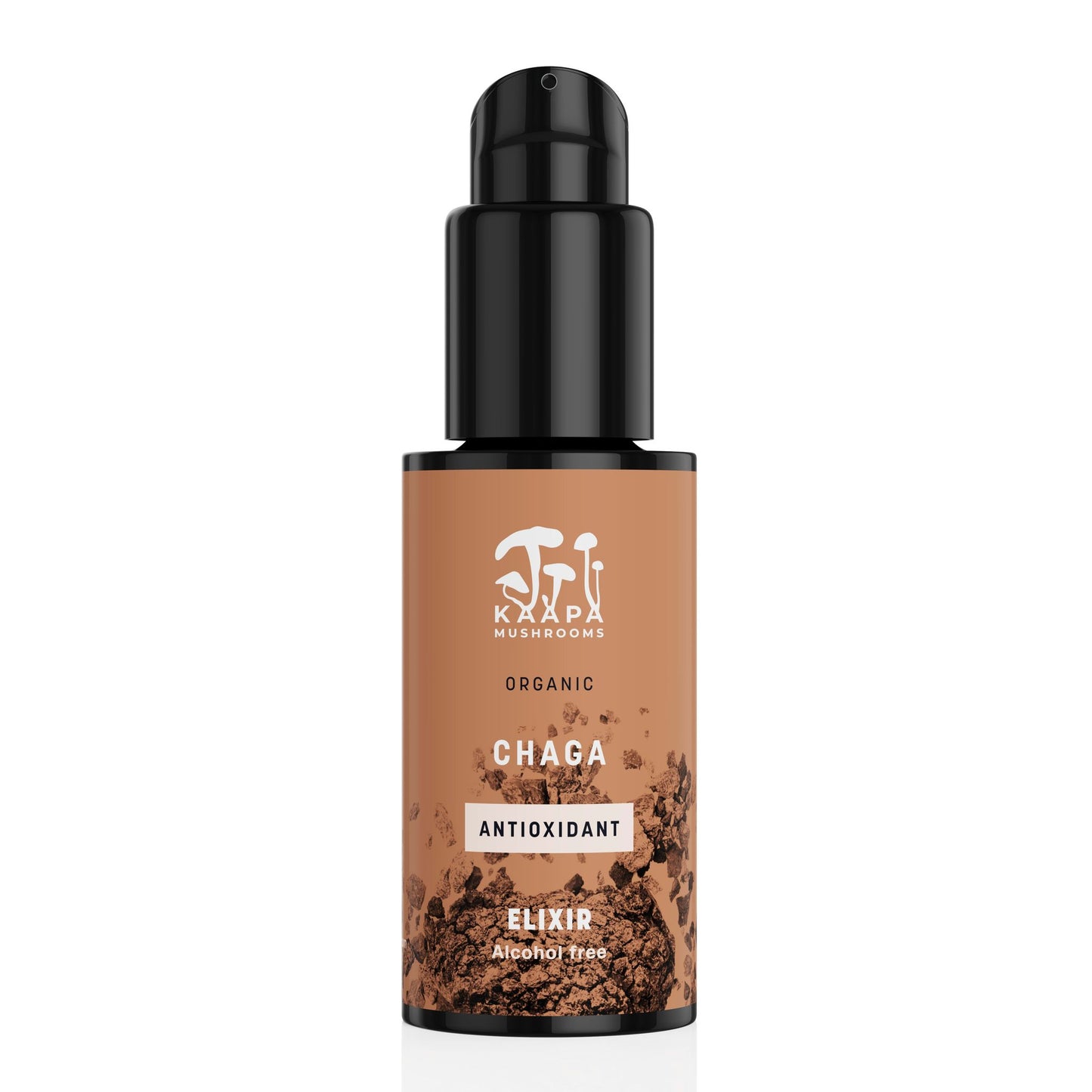 A brown and black bottle labeled KÄÄPÄ Mushrooms Organic Chaga Elixir, featuring a black pump and chaga mushroom image, emphasizes its alcohol-free, organic chaga formula by KÄÄPÄ Mushrooms.
