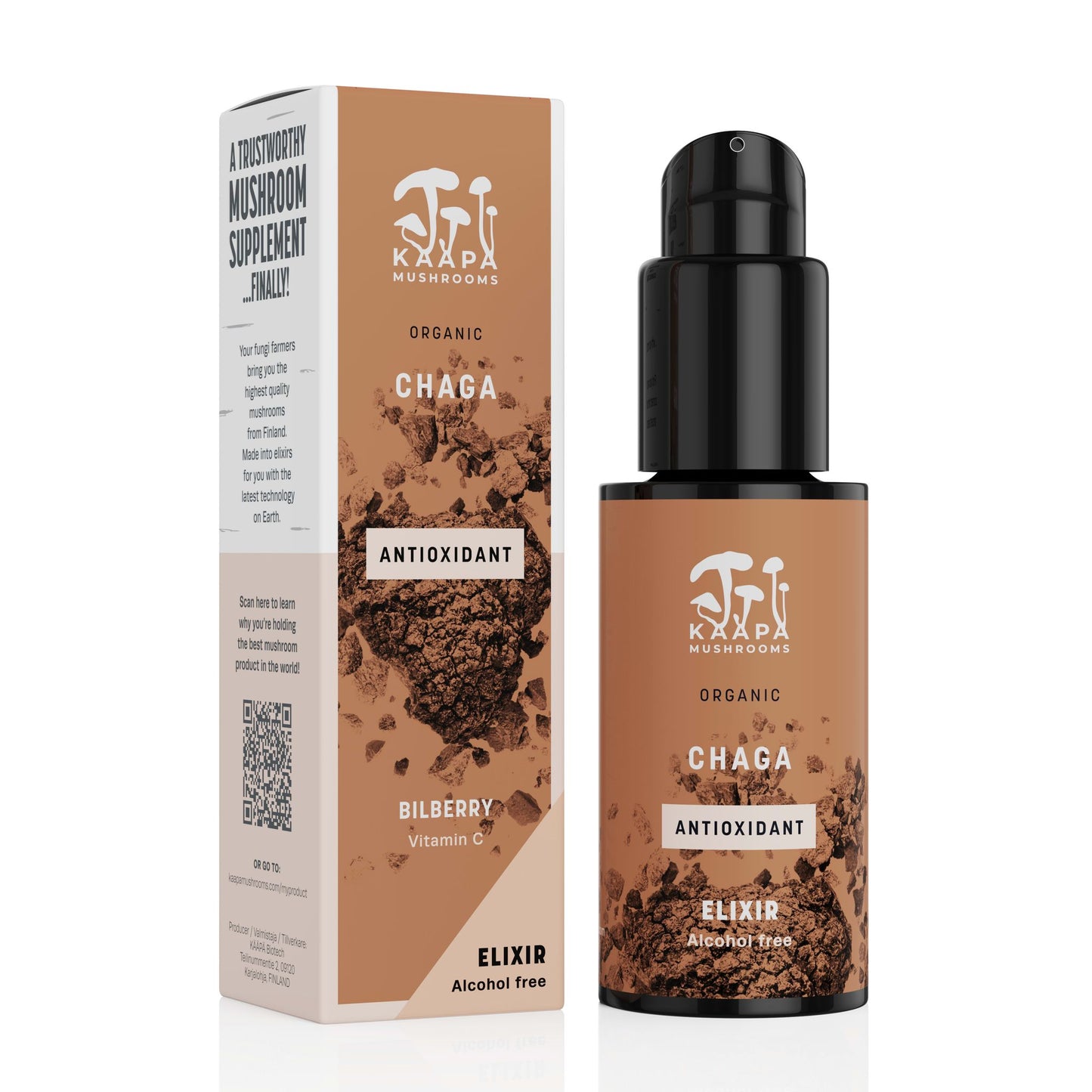 A bottle and box of KÄÄPÄ Mushrooms Organic Chaga Elixir by KÄÄPÄ Mushrooms, featuring bilberry and vitamin C, are shown together in brown and black packaging with white text and mushroom graphics. The elixir is alcohol-free.
