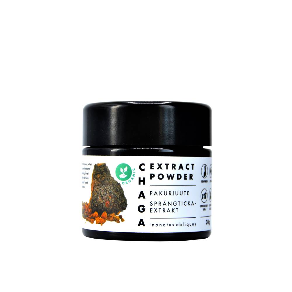 A black jar labeled KÄÄPÄ Mushrooms Organic Chaga Extract Powder, featuring a chaga mushroom image on its white label, highlights organic chaga and beta-glucans, includes multilingual text, and displays certification icons.