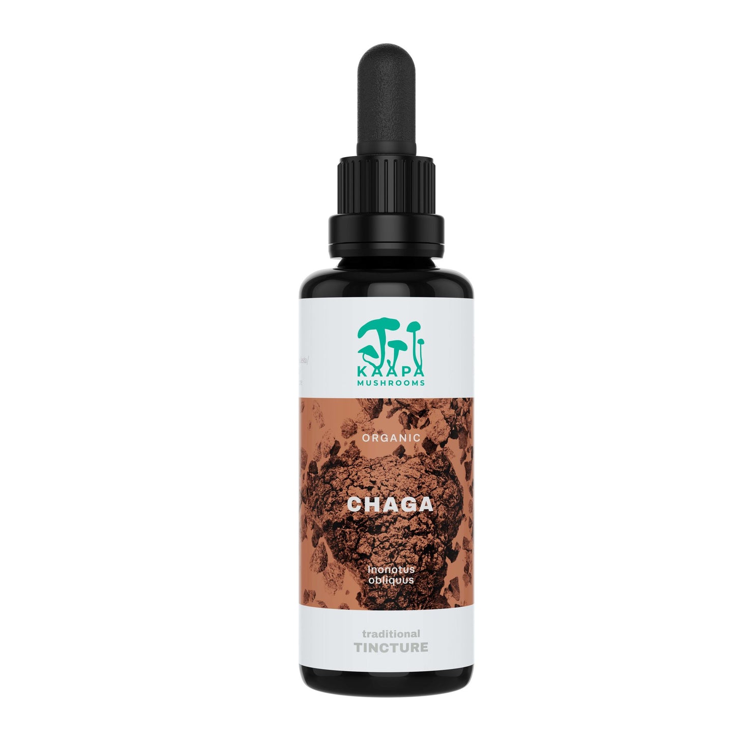 A bottle of KÄÄPÄ Mushrooms Organic Chaga Extract with a dropper cap and a brown label, featuring Finnish chaga mushroom pieces and white text describing it as a traditional mushroom extract.