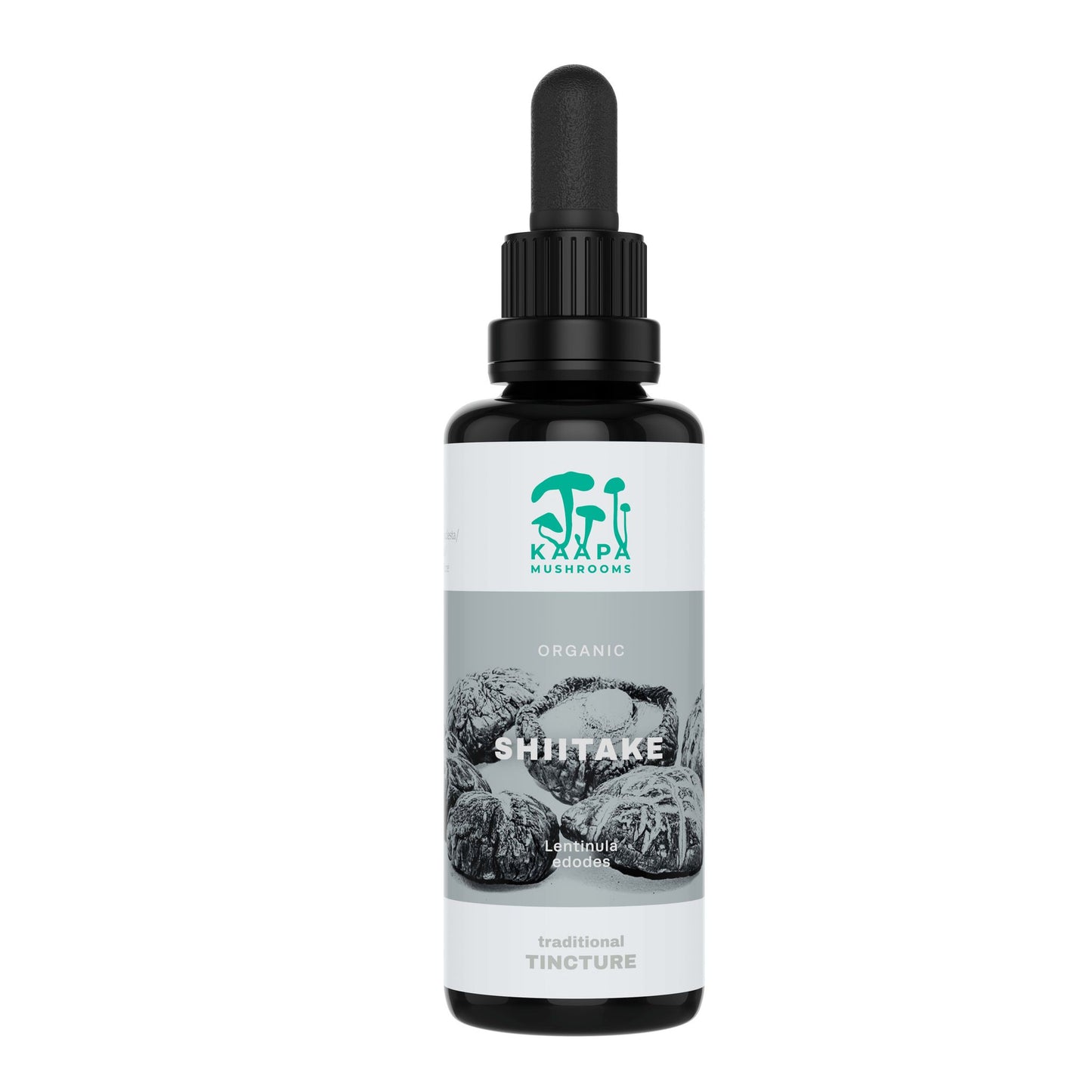 A dark glass dropper bottle labeled “KÄÄPÄ Mushrooms Organic Shiitake Extract,” featuring shiitake mushroom extract for immune support and an image of shiitake mushrooms, set against a plain white background.
