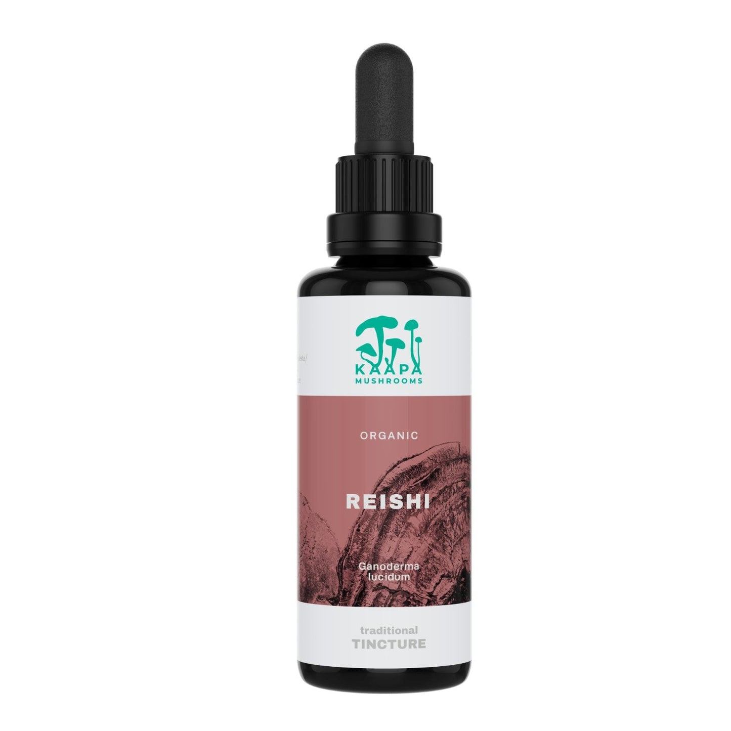 A dark glass dropper bottle labeled KÄÄPÄ Mushrooms Reishi Extract by KÄÄPÄ Mushrooms, featuring Finnish reishi mushroom extract in a maroon and white design with a black cap—ideal as a natural sleep aid.