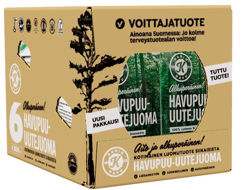 Kari's Pine Extract Drink 6-pack comes in a cardboard box with Finnish labels, tree graphics, and a cut-out displaying the bottles inside. Each bottle is rich in natural antioxidants from Finnish pine bark extract.