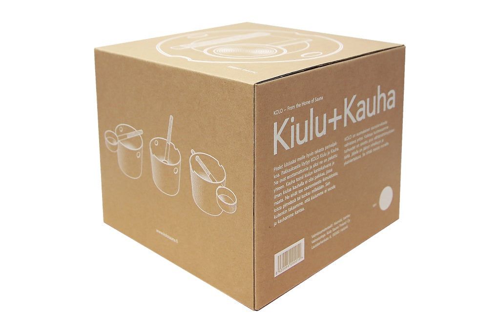 A brown cardboard box with white illustrations and text shows the Emendo Kolo Sauna Bucket & Ladle. The Nordic-designed box is labeled with product info—perfect for your sauna accessories.