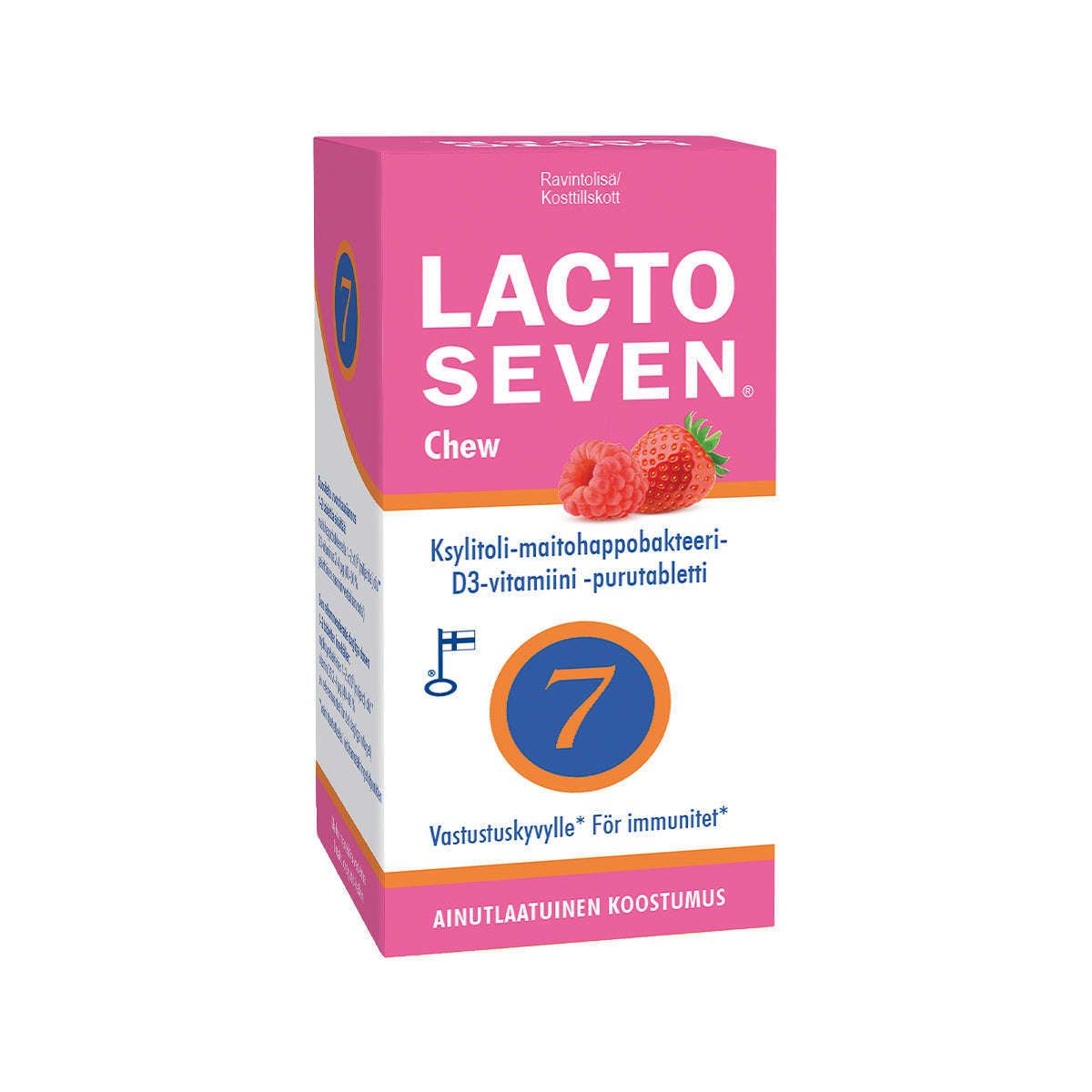 A pink and white Vitabalans Lacto Seven Chew box with strawberries, labeled in Finnish, Swedish, and English. It highlights probiotic lactic acid bacteria, vitamin D3, and immune support benefits.