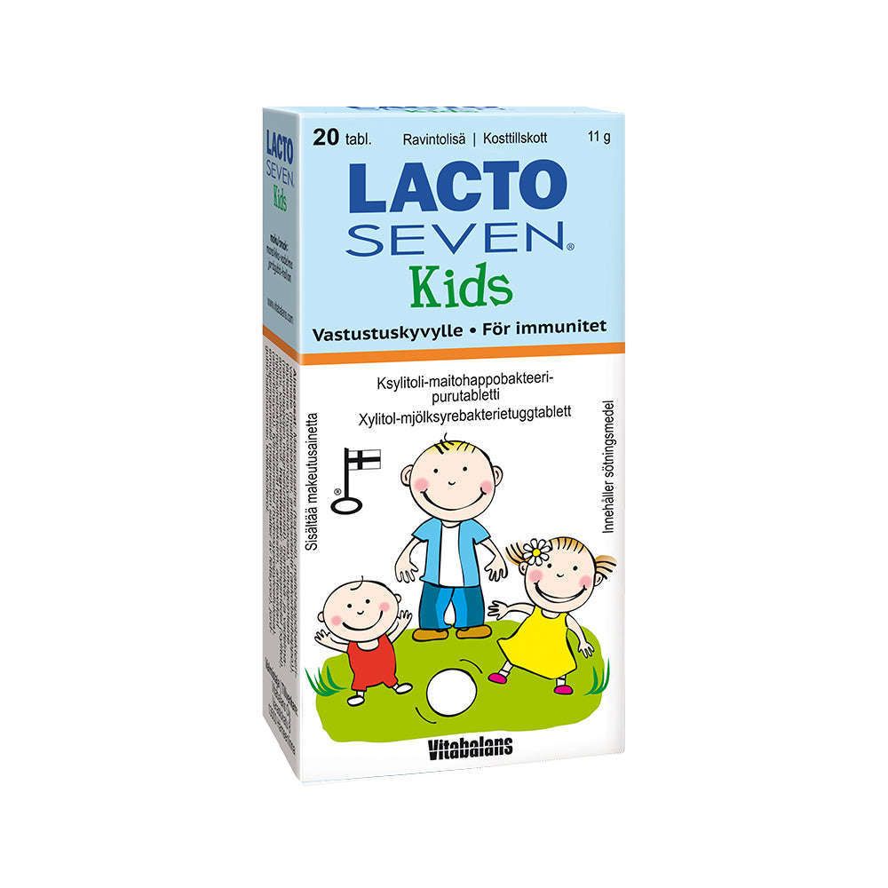 A box of Vitabalans Lacto Seven Kids probiotics features smiling cartoon children on a white box with blue, green, and orange accents. Contains 20 tablets with lactic acid bacteria strains to support infant microbiota.