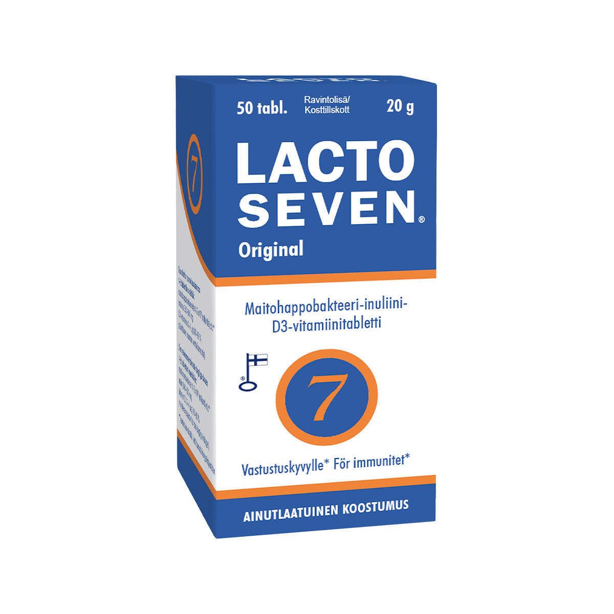 A blue and white box of Vitabalans Lacto Seven, a Finnish probiotic supplement with 50 tablets. The packaging features immune system support claims, product name, ingredients, and an orange number 7 symbol on the front.