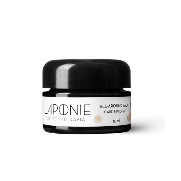 A small black jar of Laponie of Scandinavia All-Around Balm (15 ml) is shown on a white background—a gentle skin balm with argan oil, perfect for sensitive skin.