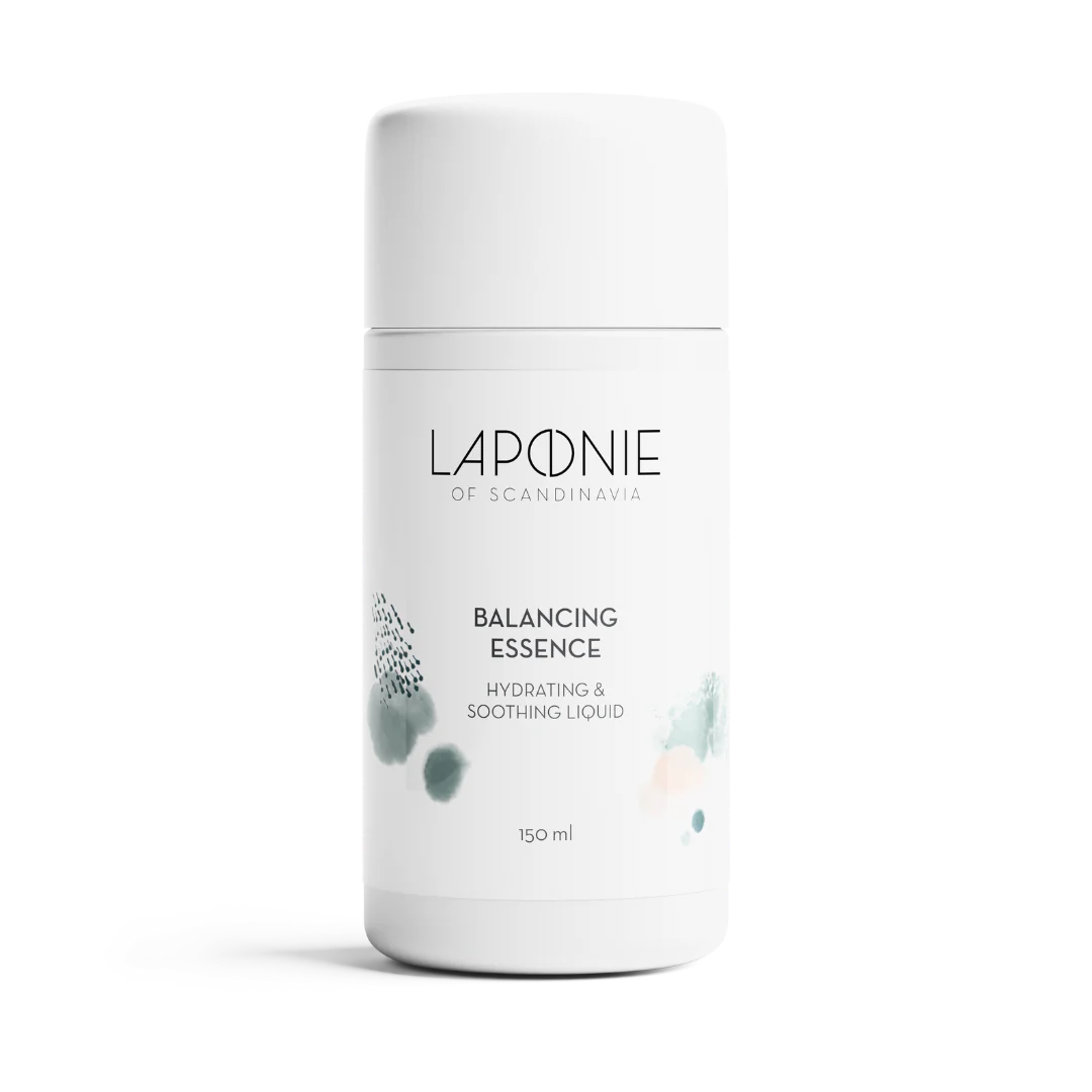 A white bottle labeled Laponie of Scandinavia Balancing Essence Mist, 150 ml, featuring minimalistic watercolor-style green and blue accents—a hydrating face mist ideal for sensitive skin by Laponie of Scandinavia.