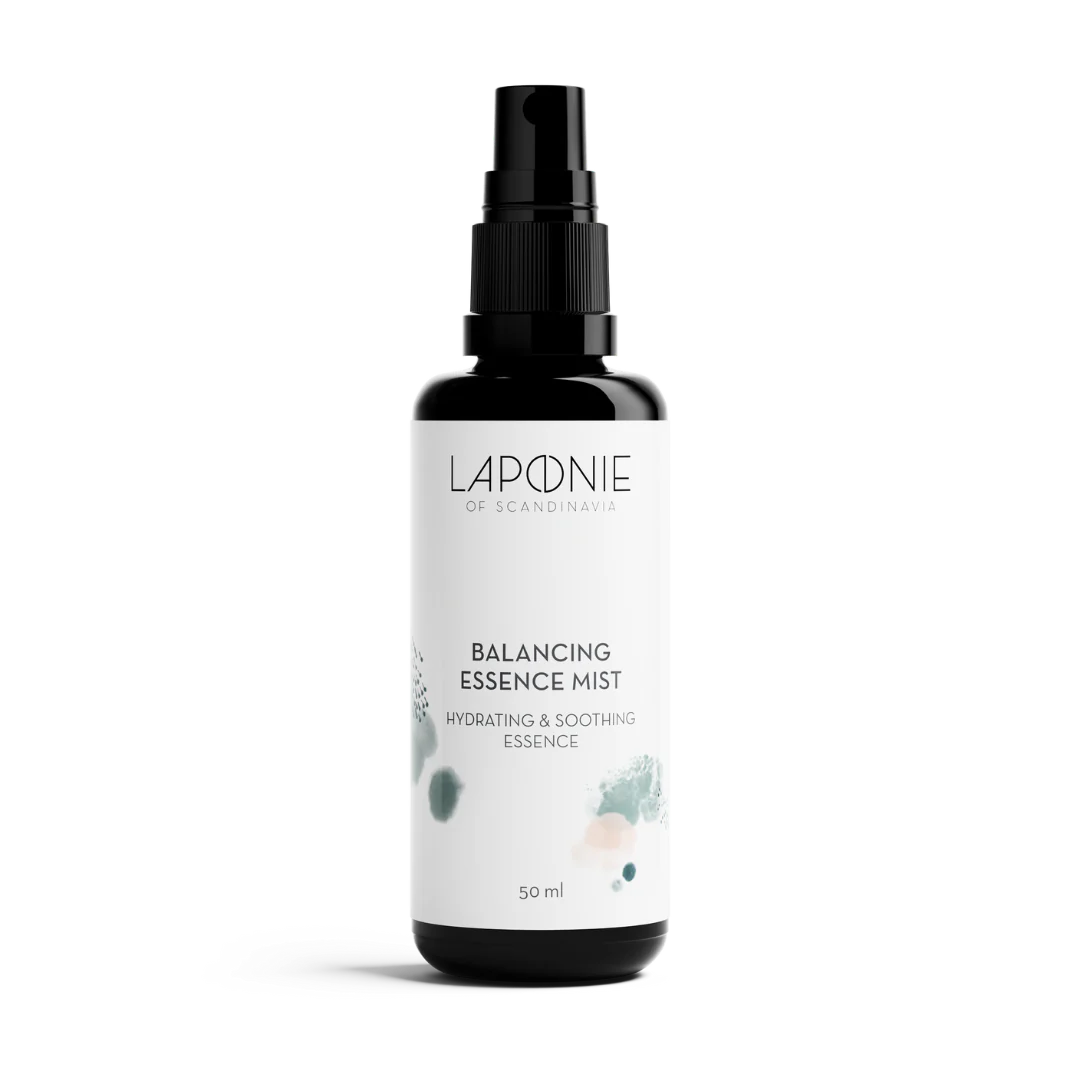 A black spray bottle of Laponie of Scandinavia Balancing Essence Mist, a hydrating face mist for sensitive skin, is shown upright against a plain white background.