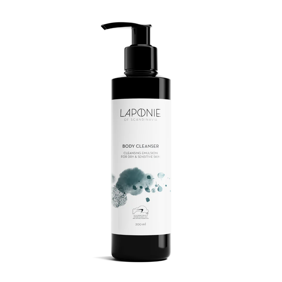 A black pump bottle labeled Laponie of Scandinavia Body Cleanser features a minimalist design and holds 200 ml of gentle cleanser for dry and sensitive skin.